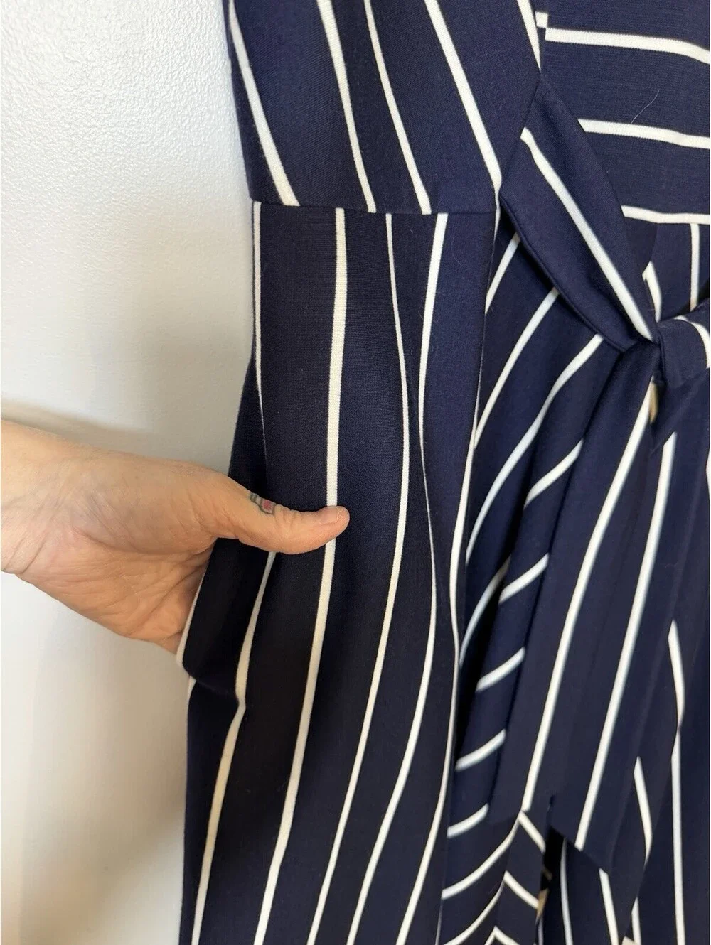 1901 Nordstrom Navy White Stripe Tie Waist Fit Flare A-Line Dress Cap Sleeve 18